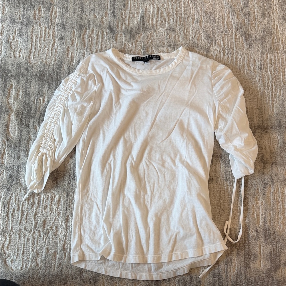 Veronica Beard White Ruched Sleeve Crewneck Tee